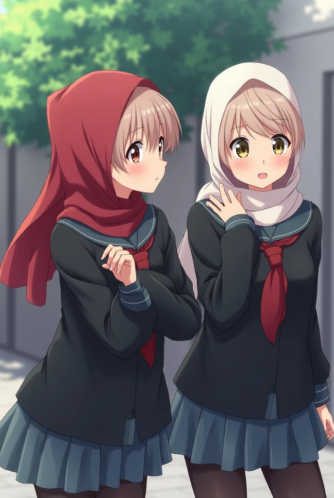  junior high school students wearing school uniforms and wearing headscarves