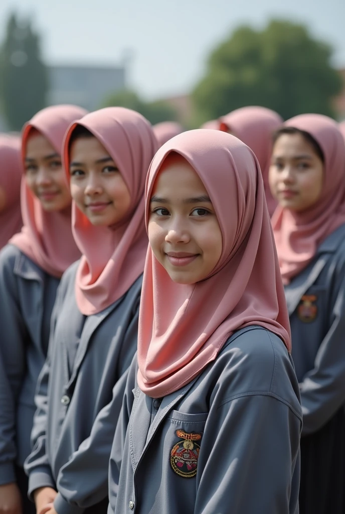 Nude high school students wearing school uniforms and wearing headscarves