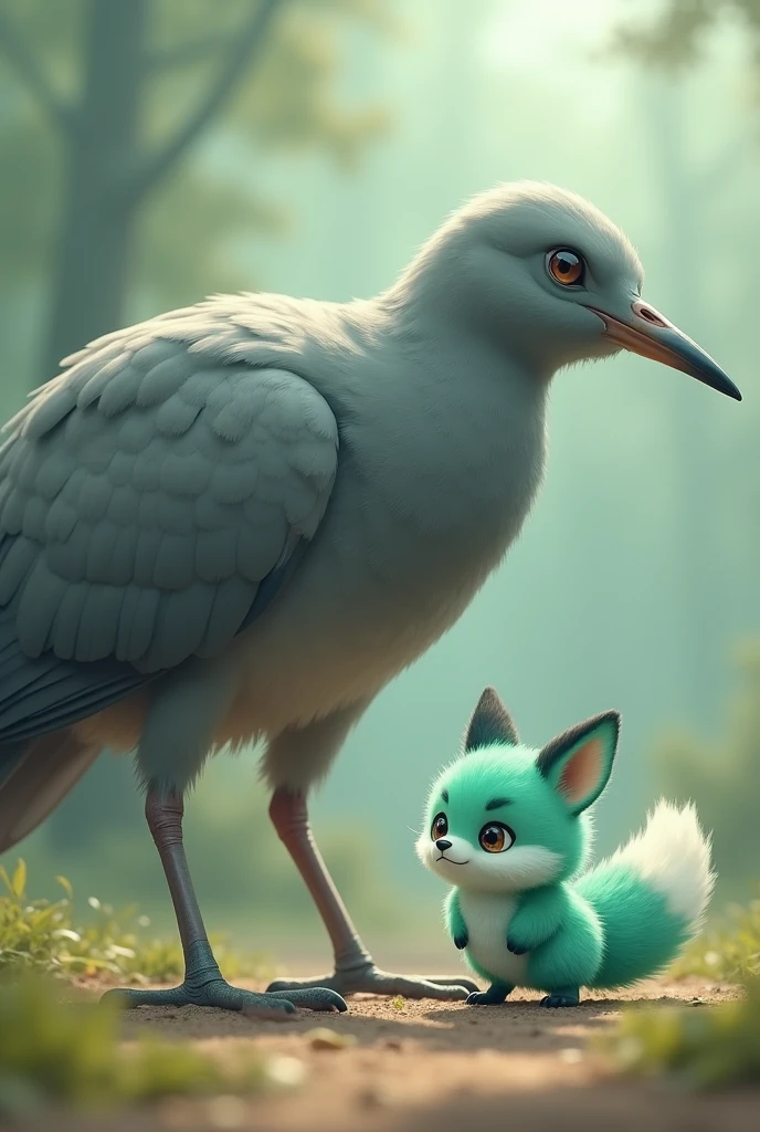 Cute and realistic,A little Tiffany green fox,About to hunt a giant gray bird,giant bird walking on the ground,In front of the fox,The fox is in a state of overestimating his own abilities,Cute and realistic風格