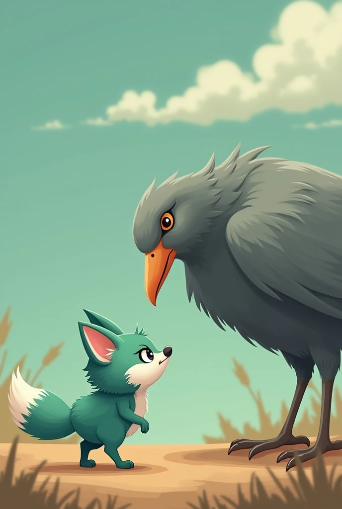 Cute and realistic,A little Tiffany green fox,About to hunt a giant gray bird,giant bird walking on the ground,In front of the fox,The fox is in a state of overestimating his own abilities,Cute and realistic風格
