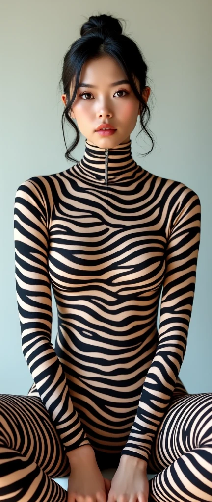 The beautiful,thin and clever asian muslimah adult girl with beautiful cheeks wears zebra print lycra turtleneck unitard catsuit covered with stripes and zebra print lycra elastane stretchy dancewear inner hijab covered with stripes.She is sitting.She always put fake zebra print stripes that are made of animal makeup marker kit.
