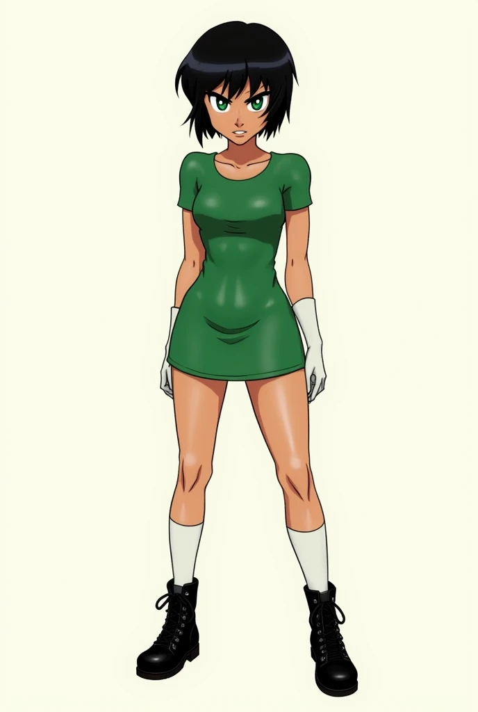 Buttercup has a strong, athletic build with a slightly tanned complexion. Her short, black hair is styled in a choppy bob that frames her sharp, green eyes, which are intense and determined. Her look is completed with a green dress, white knee-high socks, and black combat boots, highlighting her tough and rebellious nature.