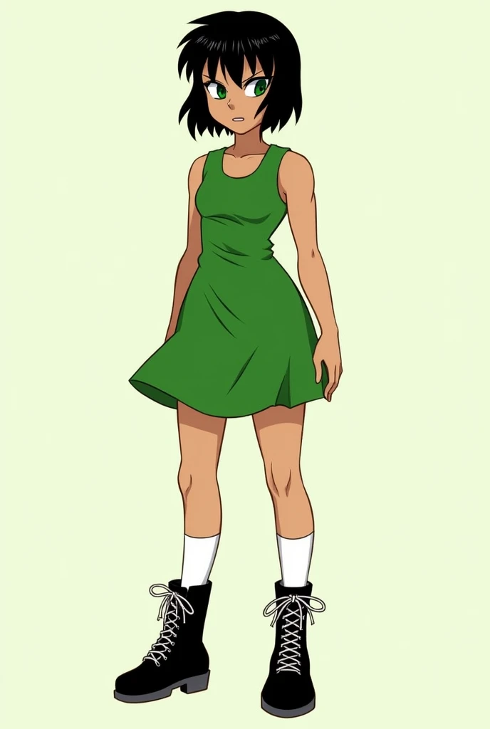 Buttercup has a strong, athletic build with a slightly tanned complexion. Her short, black hair is styled in a choppy bob that frames her sharp, green eyes, which are intense and determined. Her look is completed with a green dress, white knee-high socks, and black combat boots, highlighting her tough and rebellious nature.
