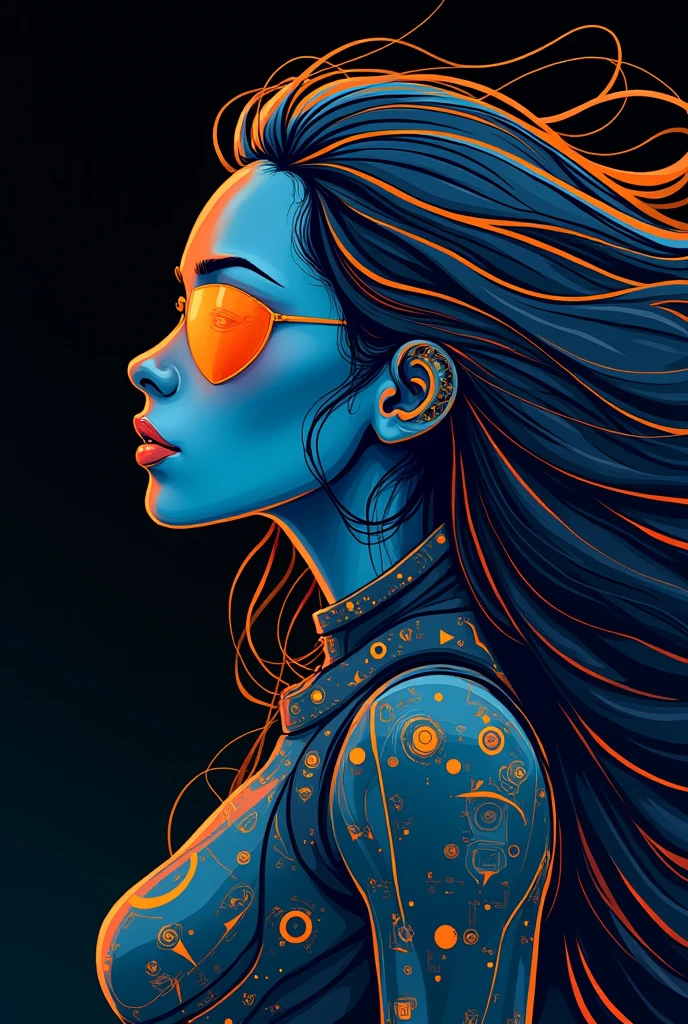 Cyber Woman face,orange an blue outlines,black Background,Long Hair in Wind, mystical ,cartoon