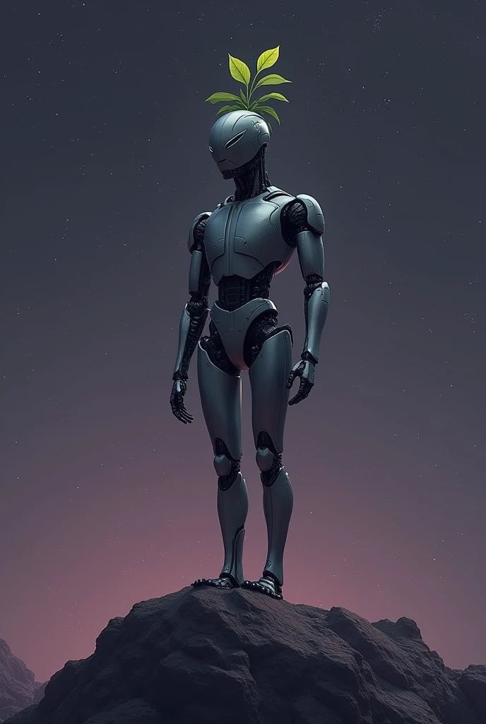 DRaw a rower (robot)
standing on the end of the dwarf planet and there is a very small sapling
on its head and the sky should be dark blakish purple with lots of stars
