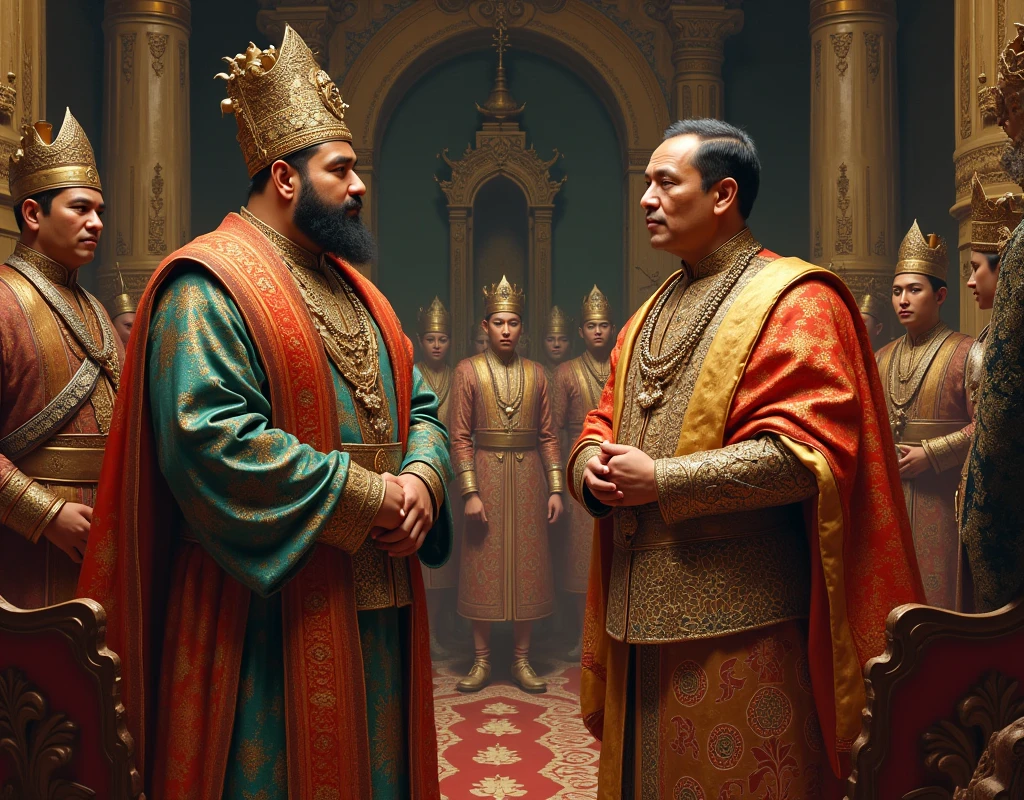 Hang Tuah wearing Malay traditional attire and traditional tanjak discussing to Siam's king