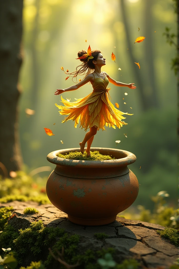 whimsical miniature figure composed of delicately arranged autumn leaves, poised in a carefree dance on the rim of a weathered, moss-covered terracotta pot, set against a lush, vibrant forest backdrop, where dappled sunlight filters through the canopy above, casting intricate shadows. The overall aesthetic is ethereai, with warm, earthy tones of sienna, umber, and olive green, infused with hint. of emerald and golden light, evoking a sense of wonder and enchantment, as if plucked from a fantastical realm.