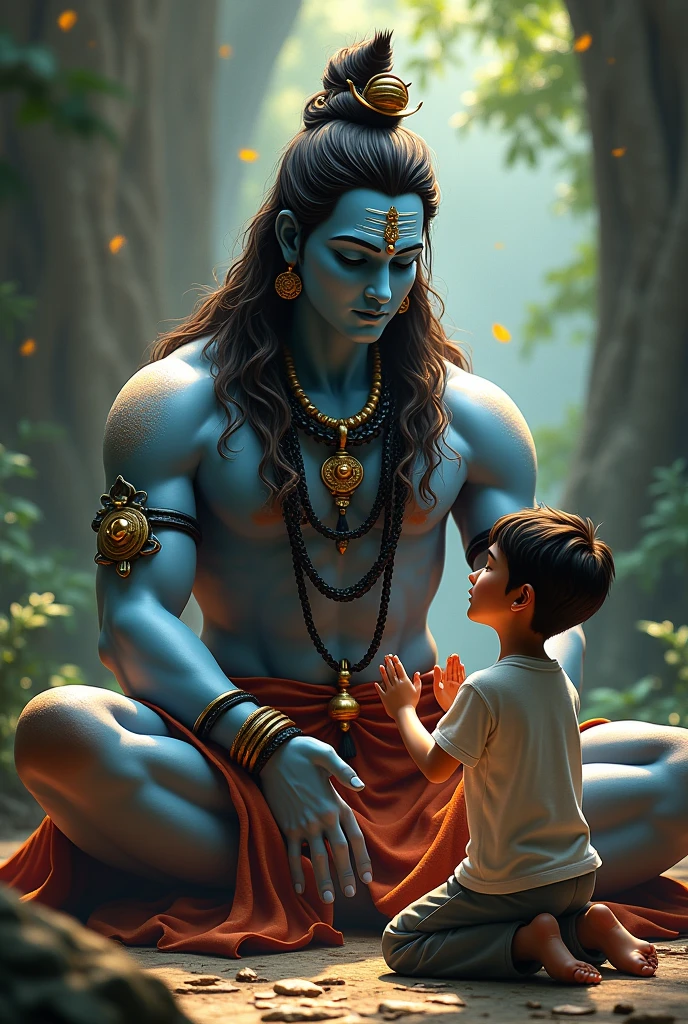 Create an image of lord Shankar and a boy praying him and also write a name " mahendar" in his t-shirt another one in jungle create the image of lord Shankar in small another one