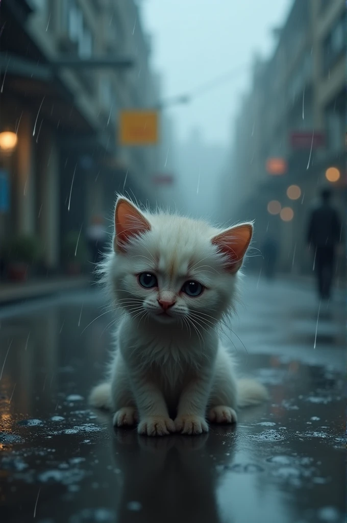 a sad kitten in the rain 