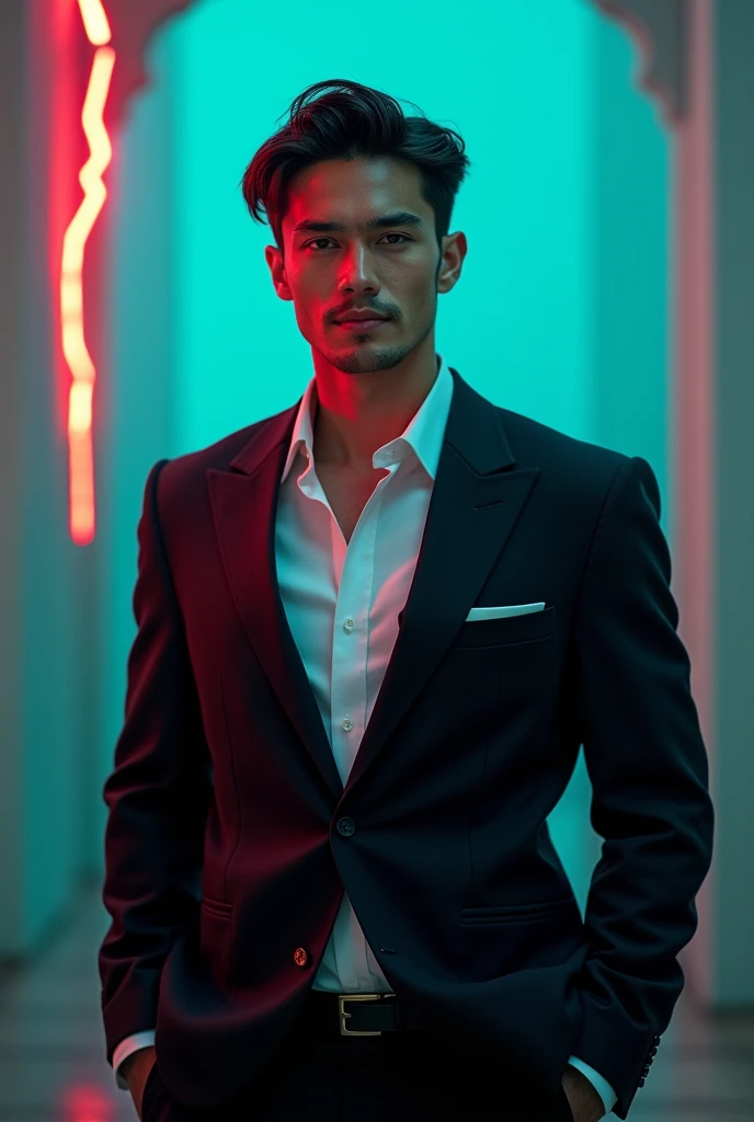 A young Man With Dark hair and a confident smile He is Dressed in a black blazer over a white shirt The man is positioned against aqua colour backdrop with a subtle red lightning on the left side and