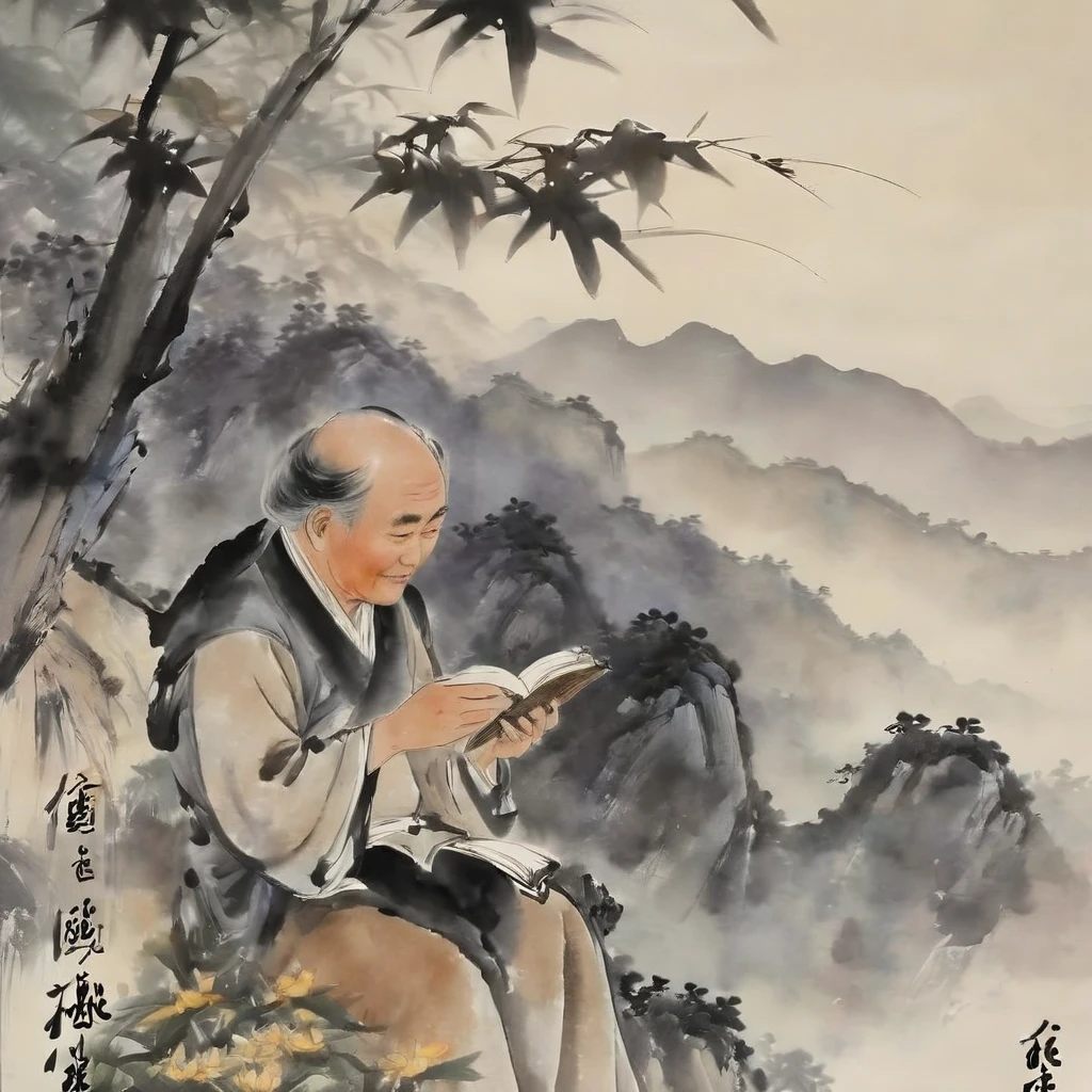 Ink Painting, Chinese ink painting style, modern style, Watercolor style, dyeing, Black and White Art, The Minimalists, 8K, Ultra-fine details, Surrealism, masterpiece, best quality. A poetic and serene landscape painting in traditional Chinese ink painting style, Describing deep mountains and valleys. A kind old man sits in front of a big old tree, Surrounded by four students. They gather around a blooming daffodil，Exudes a mysterious scent. The old man, Hold an open book, 正在热情地给认真听讲的Students讲解《The Book of Songs》. Students, Everyone has a book in their hands, Engage in lively discussions and thoughtful conversations with elders. Scene captures the essence of intelligence, study, And the beauty of nature, Rendered with delicate ink strokes and subtle watercolor tones.