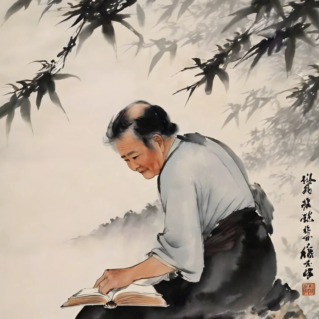 Ink Painting, Chinese ink painting style, modern style, Watercolor style, dyeing, Black and White Art, The Minimalists, 8K, Ultra-fine details, Surrealism, masterpiece, best quality. A poetic and serene landscape painting in traditional Chinese ink painting style, Describing deep mountains and valleys. A kind old man sits in front of a big old tree, Surrounded by four students. They gather around a blooming daffodil，Exudes a mysterious scent. The old man, Hold an open book, 正在热情地给认真听讲的Students讲解《The Book of Songs》. Students, Everyone has a book in their hands, Engage in lively discussions and thoughtful conversations with elders. Scene captures the essence of intelligence, study, And the beauty of nature, Rendered with delicate ink strokes and subtle watercolor tones.