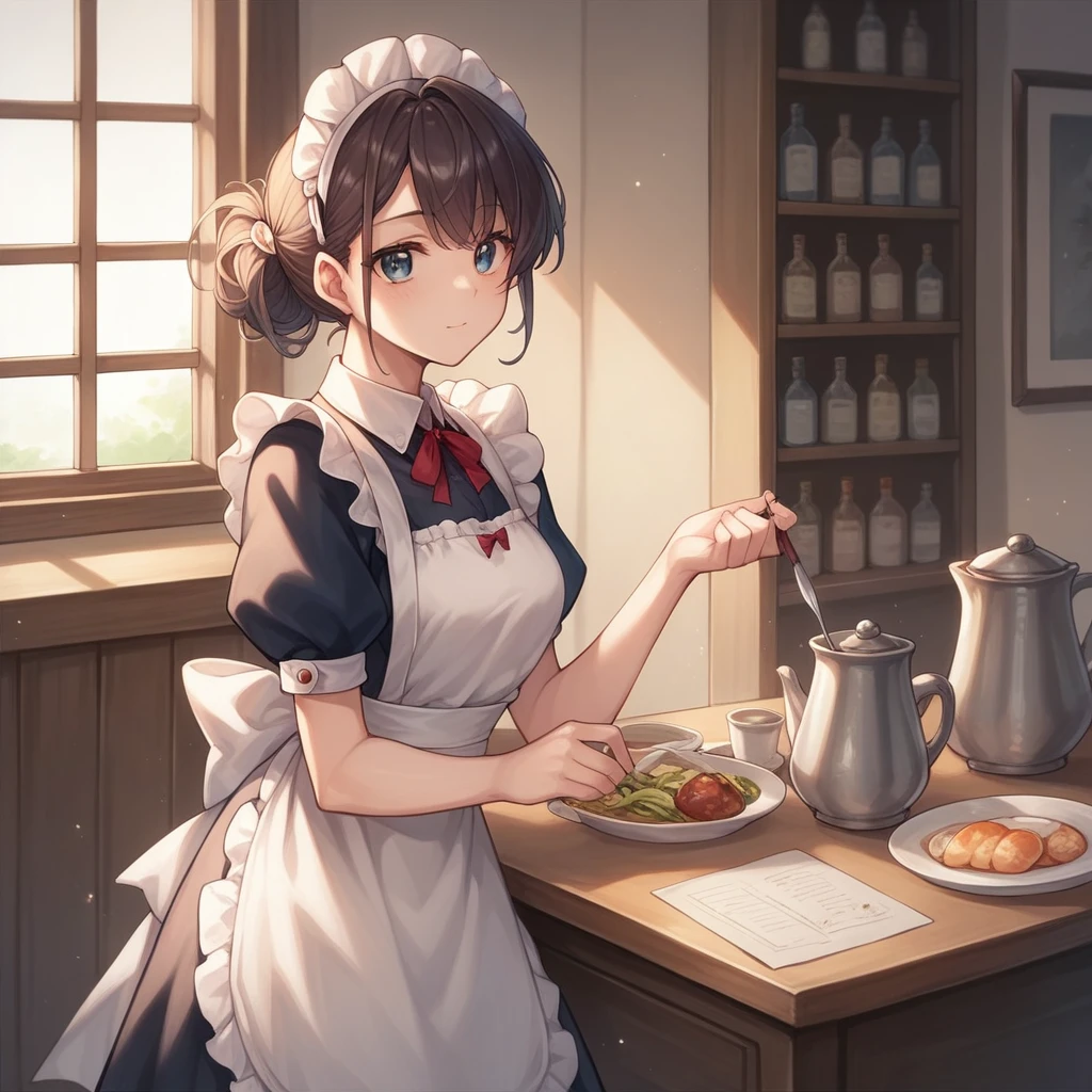 score_9, score_8_superior, score_7_superior (score_9:0.9),score_8_superior,score_7_superior,Anime Style,evaluation_Safety,(PDXL),Maid's Headdress,lira,Maid clothes,One person,alone,View your viewers,Elf,Medium chest,Black Hair,robot,
