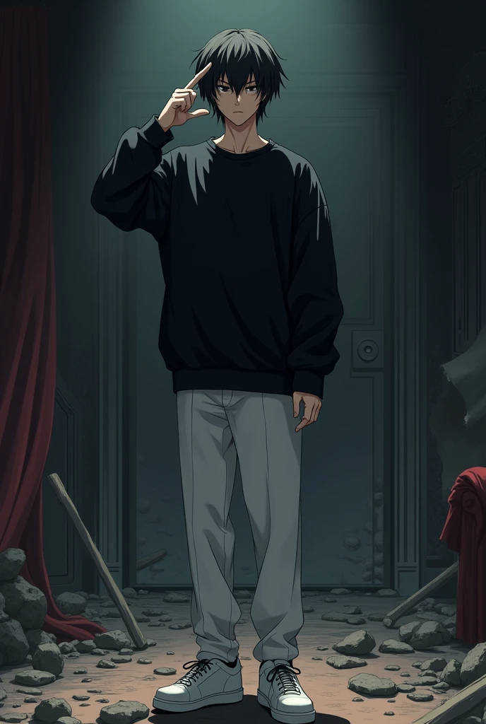 The image is anime style with shadows and dim lights, anime style although somewhat adult and dark, It shows a single adult man of 2 who has black eyes and medium-long black hair as well., He is pointing at his head with his finger in the middle of a destroyed luxurious room. His gaze is extremely serious and determined. He is wearing an oversized black sweater and white pants with white sneakers..