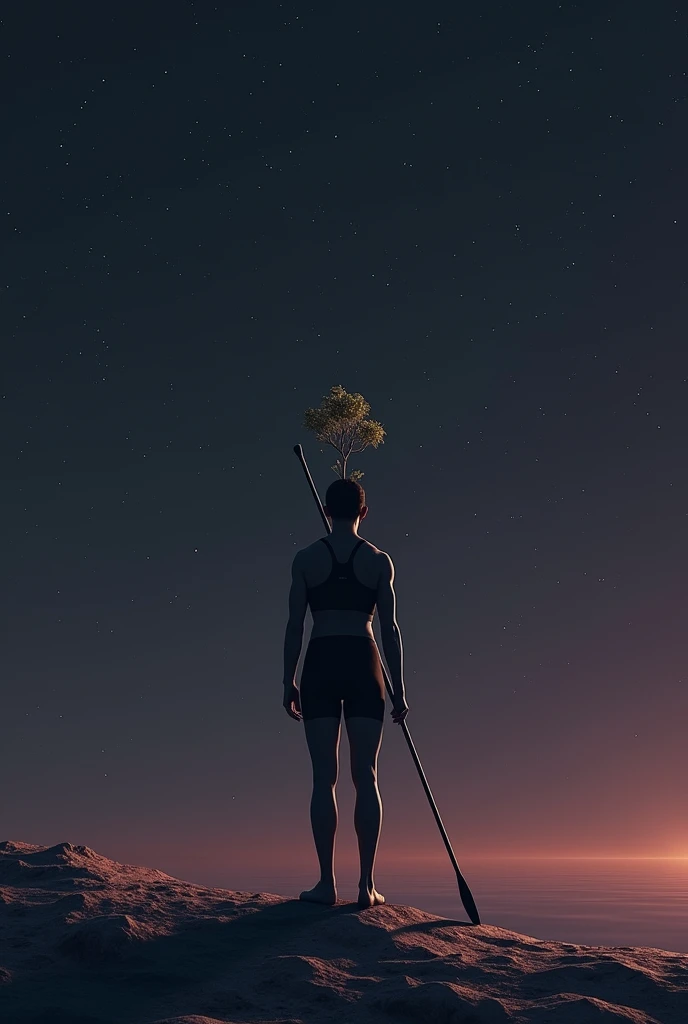 DRaw a rower
standing on the end of the dwarf planet and there is a very small sapling
 on its head and the sky should be dark blakish purple with lots of stars 