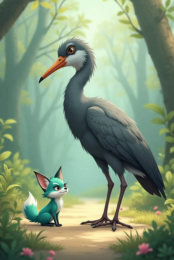 A little Tiffany green fox,About to hunt a giant gray bird,giant bird walking on the ground,In front of the fox,The fox is in a state of overestimating his own abilities,Cute realistic style