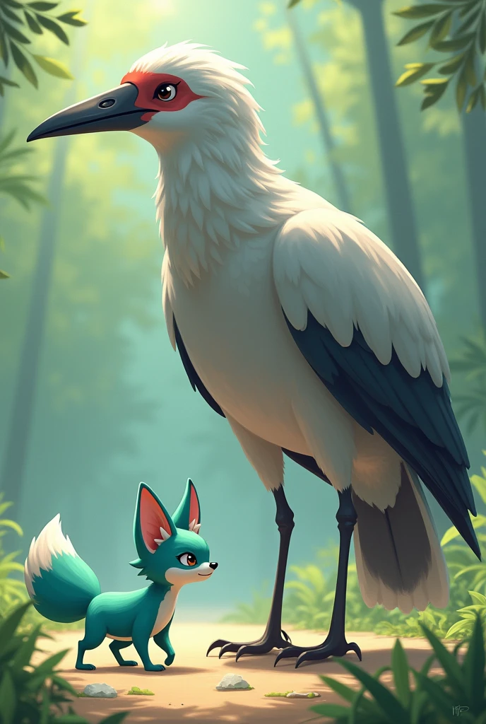 A little Tiffany green fox,About to hunt a giant gray bird,giant bird walking on the ground,In front of the fox,The fox is in a state of overestimating his own abilities,Cute realistic style