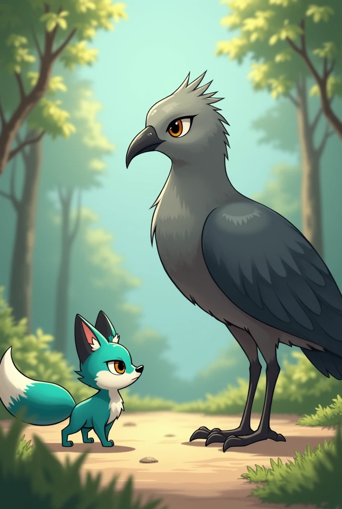 A little Tiffany green fox,About to hunt a giant gray bird,giant bird walking on the ground,In front of the fox,The fox is in a state of overestimating his own abilities,Cute realistic style