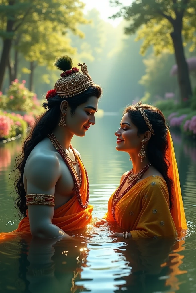 Radha Krishan in river, create high quality realistic image, Landscape of a forest, bight sky, vibrant colors, looking with smile, environment is background is of garden, image should ultra clear, hyper realistic, high quality 4k