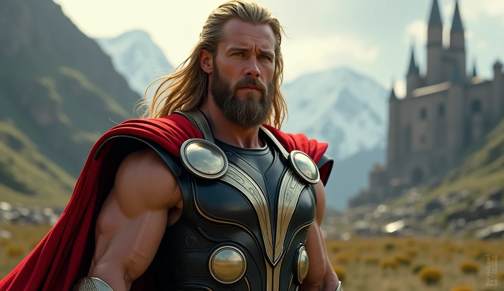 1850's Marvel Avengers character, thor , vintage thor dress, realistic, realistic character, vintage, vintage character, vintage background, male, asgard in background, highly detailed, extremely detailed, 8k, masterpiece, ultra-detailed, photorealistic, hdr, studio lighting, physically-based rendering, extreme detail description, vivid colors, dramatic lighting, cinematic, epic