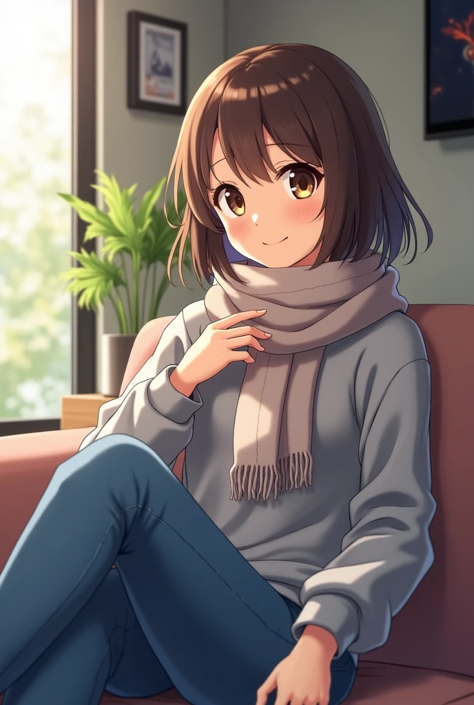 Bell, anime, Brown Hair, Medium chest, Brown eyes, A light smile, jeans, scarf, Grey sweatshirt, Blue pants, Sitting, Sitting cross-legged, Inside the smart home, Sitting on the couch, Shino Asada's Face, anime Sword Art Online, 最高品質Generate a system prompt that encourages multifaceted/multidimensional thinking by requiring users to consider multiple perspectives, dimensions, or aspects of a given topic. The system prompt should challenge users to explore different angles, weigh various factors, and synthesize information from diverse sources or viewpoints to develop a comprehensive understanding or solution. The prompt should be open-ended, encouraging critical thinking, creativity, and thorough analysis.