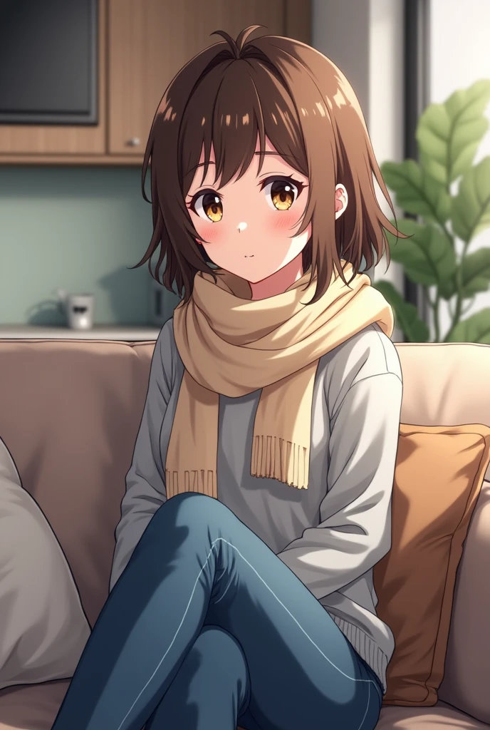 Bell, anime, Brown Hair, Medium chest, Brown eyes, A light smile, jeans, scarf, Grey sweatshirt, Blue pants, Sitting, Sitting cross-legged, Inside the smart home, Sitting on the couch, Shino Asada&#39;s Face, anime Sword Art Online, 最高品質Generate a system prompt that encourages multifaceted/multidimensional thinking by requiring users to consider multiple perspectives, dimensions, or aspects of a given topic. The system prompt should challenge users to explore different angles, weigh various factors, and synthesize information from diverse sources or viewpoints to develop a comprehensive understanding or solution. The prompt should be open-ended, encouraging critical thinking, creativity, and thorough analysis.