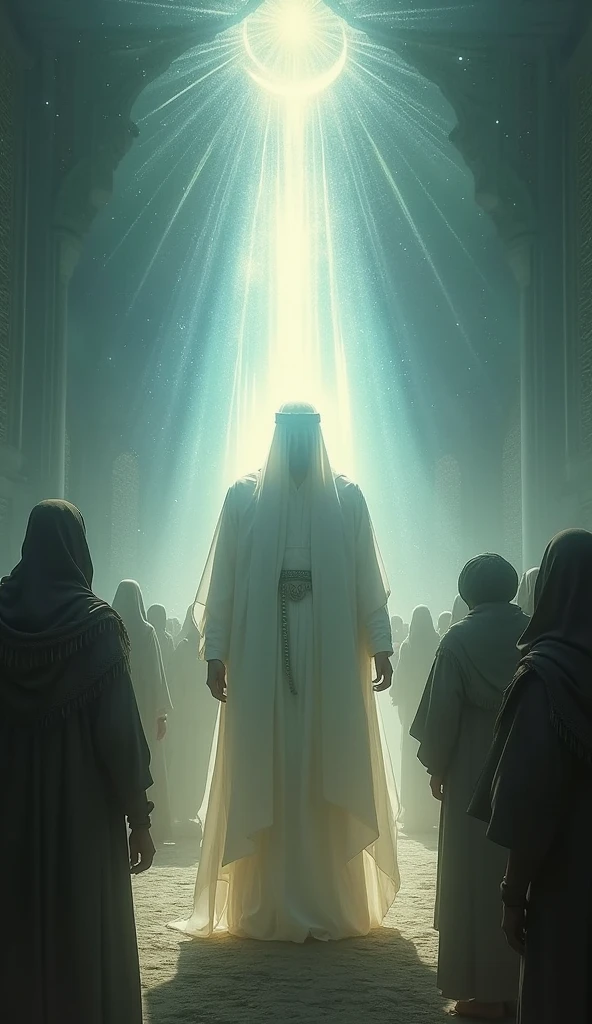 Imam Mahdi as with no face instead bright lights giving condolences to his people 
