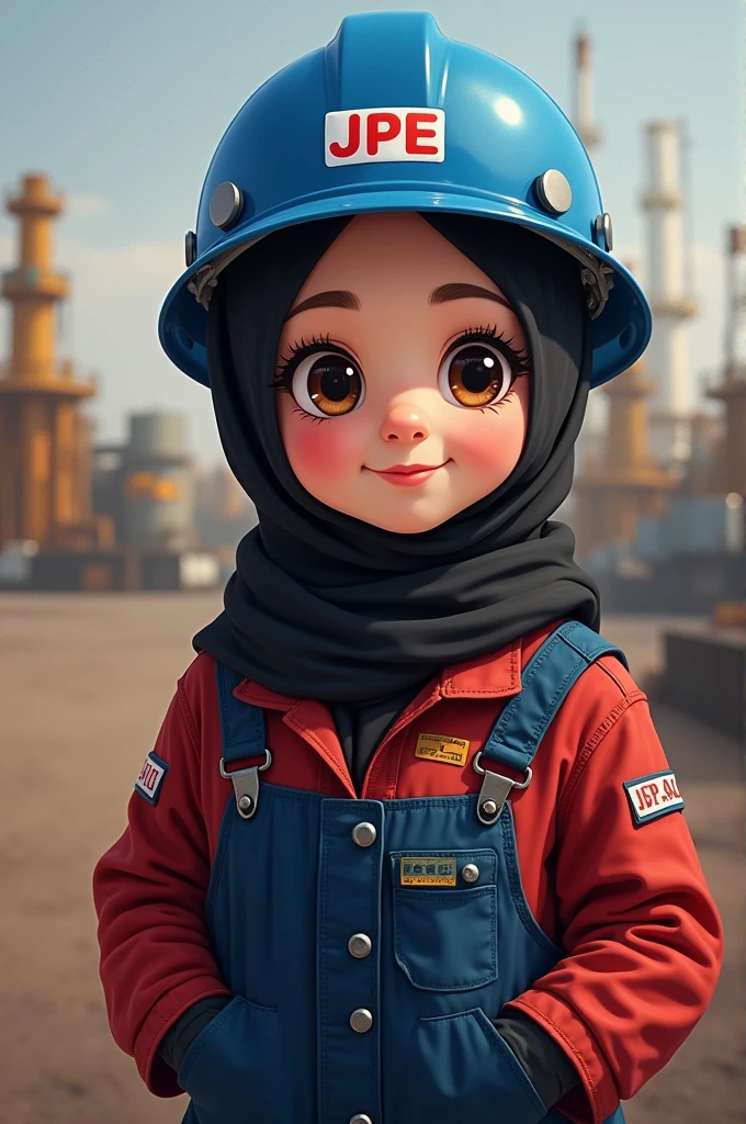 Cute chubby girl with spectacle wearing black hijab. Wearing dark red on top and dark blue on bottom oil and gas coveralls. Wearing blue helmet with JPE logo in re font.