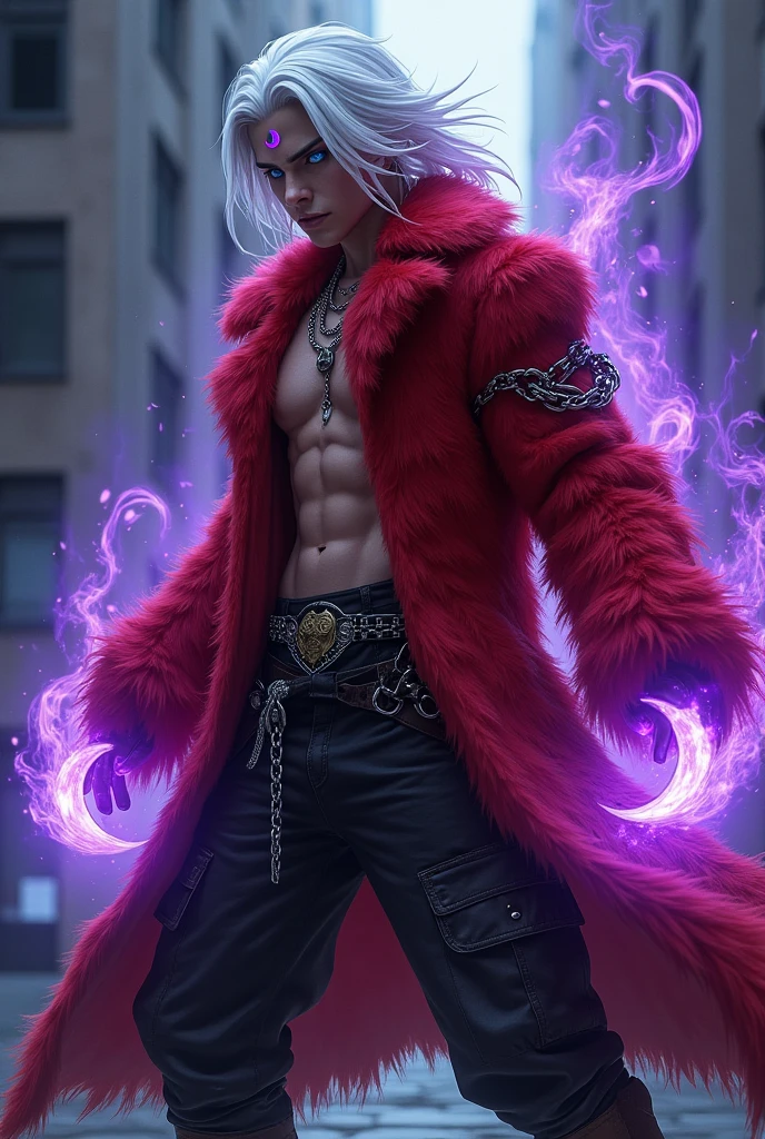Male age 25, white skin, blue eyes, deep eyes, waist length hair, white hair, violet crecent moon on his forehead, scarlet red furry trench matrix gabardine open, black cargo pants, only left arm on violet flames, cyberpunk japanese style, chains around the belt, athletic, magic powers, action, sexy look, leather brown boots with metal pins, black cat nails, wushuu pose, night background