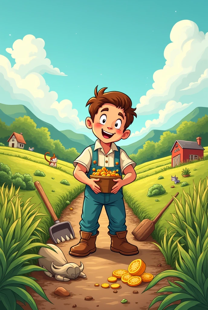 Draw a light comic for a fairy tale "Hanz in luck" (version image)
Hans is working in the field, tired, but happy, as he finishes his work. After many years of hard work, Hans receives his well-deserved reward - a large piece of gold.."