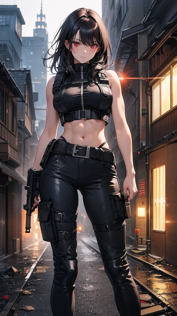 4K resolution,((Highest quality)),Ultra-high resolution,Adult women, alone, sexy, (Grim face), (Light red eyes), Beautiful and symmetrical face, (Medium black hair),Combat Vest,cargo pants,Realistic:1.4,Realistic:1.4,(masterpiece:1.2),Perfect Eyes,Perfect Eyes,Ample breasts,Muscular and toned body,Perfect Legs,Dilapidated building,Holding a gun