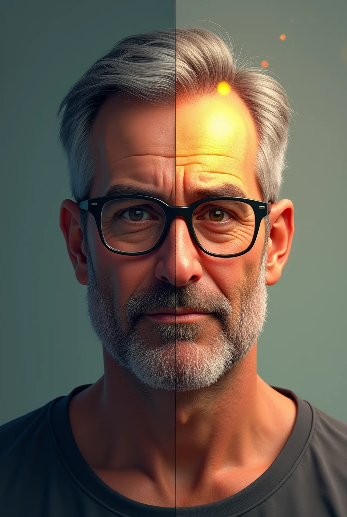 half man in his late 30s age mentally weak with overweight body, recieding hair and eyeglasses and half same man transformed with strong mentality and fit body and a Glow UP face