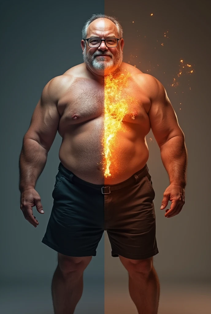 half man in his late 30s age mentally weak with overweight body, recieding hair and eyeglasses and half same man transformed with strong mentality and fit body and a Glow UP face