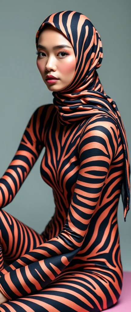 The beautiful,thin and clever asian muslimah adult girl with beautiful cheeks wears zebra print lycra turtleneck unitard catsuit covered with stripes and zebra print lycra elastane stretchy dancewear shawl hijab covered with stripes.She is sitting.She always put fake zebra print stripes that are made of animal makeup marker kit.