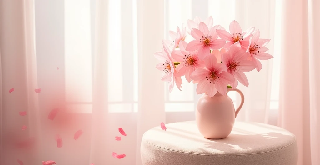 There is a vase on the table., Flowers,pink, Designed for comfort and aesthetics!, Detailed scenario, thing, filter, Let's go,, Light colors, pink可爱椅子,Curtain Author:Emma Andijewska, Product introduction photos, 2 colors, Product introduction photoss, Kawaii, notice, (mist) Cute style