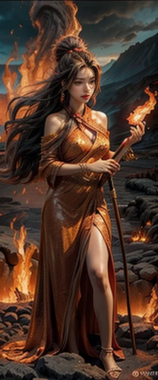 Depict Pele, the Hawaiian goddess of volcanoes and fire, standing amidst flowing lava, her hair resembling fiery flames. She holds a staff made of volcanic rock, with an erupting volcano in the background, symbolizing her power and fierce nature. —ar 9:16 —s 1000
