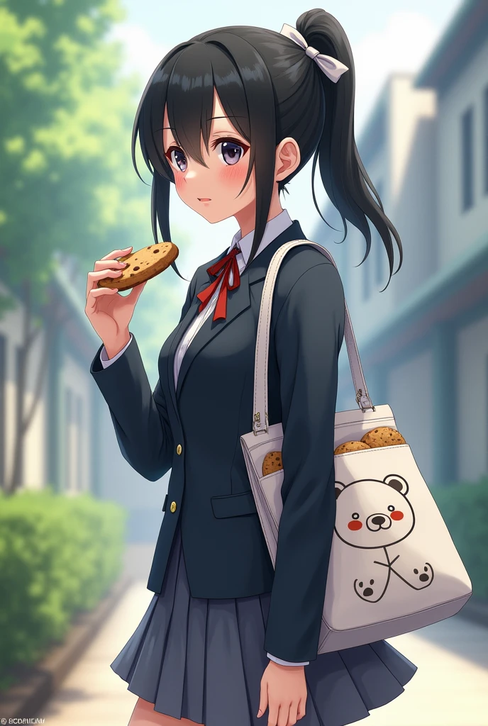 A black-haired woman with a ponytail tied with a white bow, wearing a high school uniform, carrying a white shoulder bag with a bear pattern eating cookies, is walking.