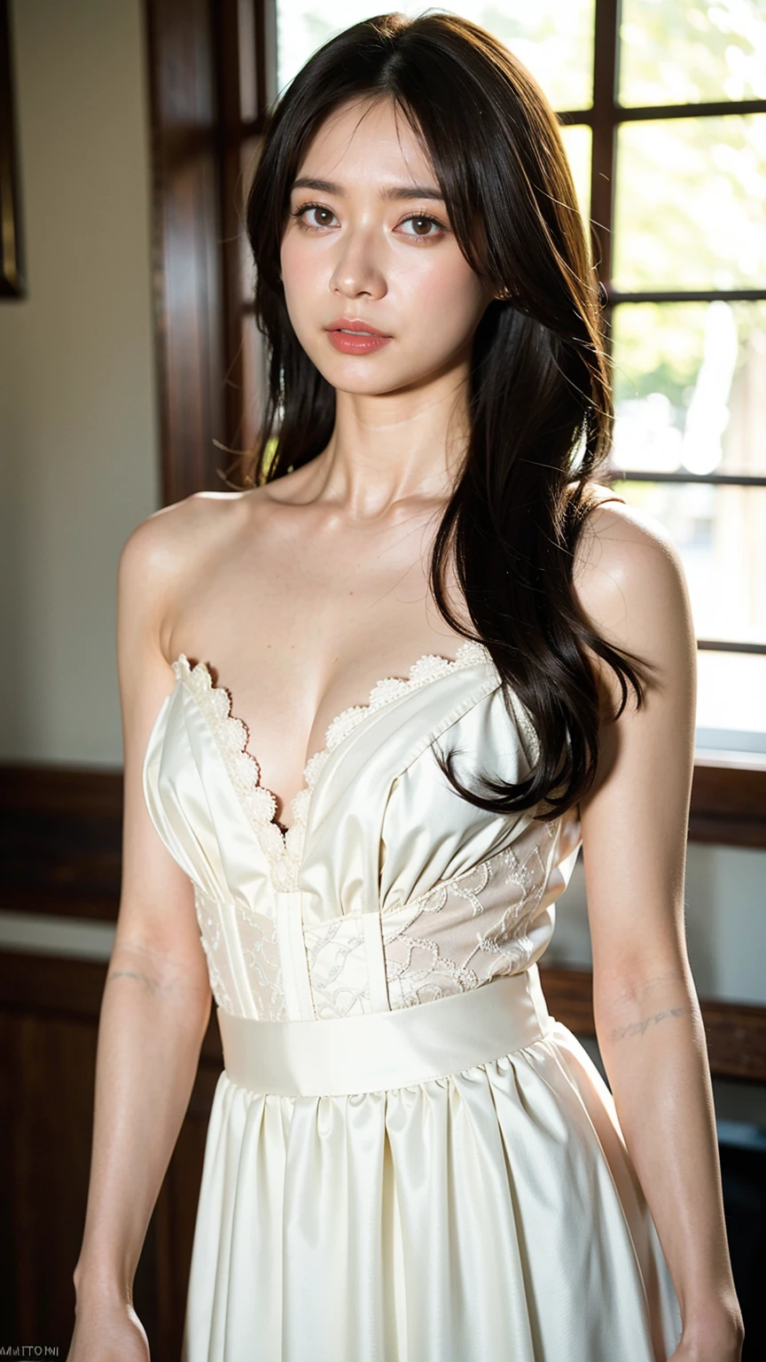 (Raw photo, Best Quality), (Realistic, Photorealsitic:1.3), masutepiece, Extremely delicate and beautiful, Soft light, (Brown hair, Shoulder-length straight hair swaying in the wind), Beautiful detailed girl, (Detailed fingers), extremely detailed eye and face, beautiful detailed nose, Beautiful detailed eyes, 1 girl, Japanese, Neat and clean beauty, Cute, young, white dress, lace Panties, (Half body:1.3), (big breasts:1.3), Realistic face, Realistic body,