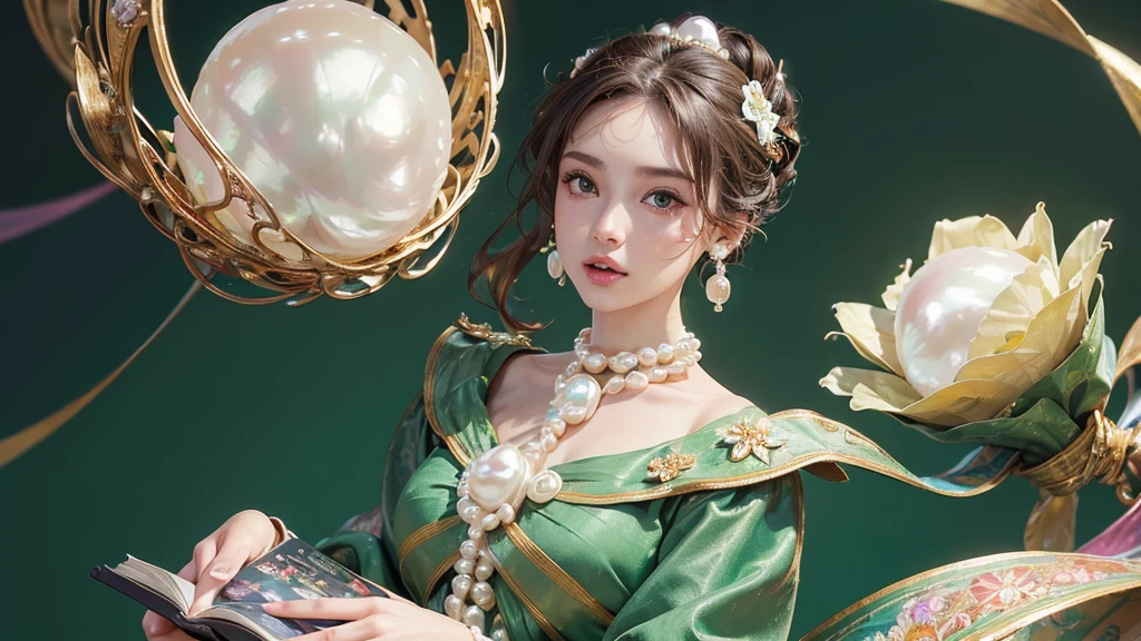 32K, 最高quality, 最高masterpiece, (ultra-Detailed Background, Detailed Background), High resolution, Super detailed, Very detailedな, 1 personの, (bouquet:1.3), (Tangled:1.2), (Geometric:1.2),(colorful),(masterpiece, quality, best quality, Official Art, Beautiful and beautiful:1.2), (1 person:1.3), Very detailed,(colorful:1.1)(Flowers:1.3),Most detailed,(Tangled:1.2), whole body, (Abstract background:1.3), (Skin glows), (Many colors:1.4), ,(Earrings Pearl:1.5), Light green background, It's imaginative., Brunette Hair, Updo, Holding a book, Holding a pen, Satin shirt,
