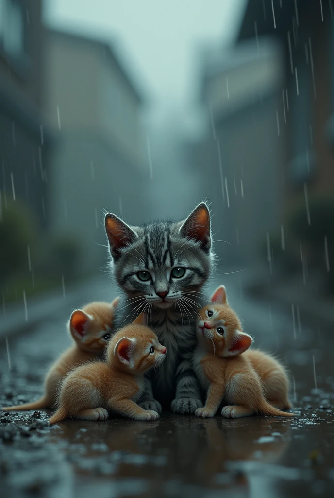 a sad kitten in the rain with baby cats 