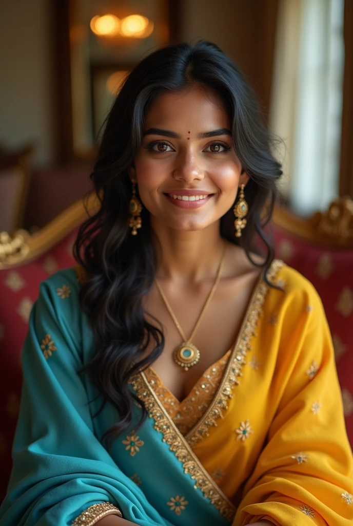 a super beautiful indian woman, age 24 years, with a smiley face, golden face ratio, wears a blue and yellow indian cloths, sitting on a chair, luxury house, face expression is very attractive