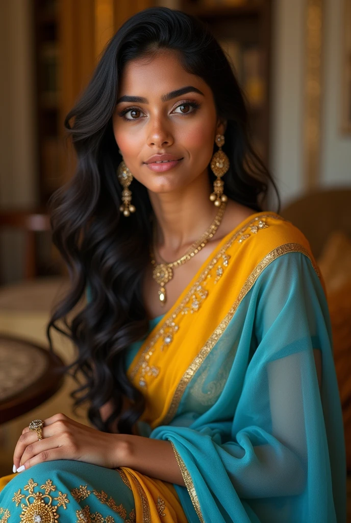 a super beautiful indian woman, age 24 years, with a smiley face, golden face ratio, wears a blue and yellow indian cloths, sitting on a chair, luxury house, face expression is very attractive