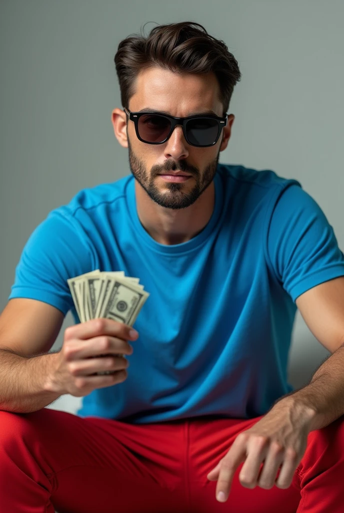 there is a man with sunglasses on posing for a picture, around 1 , 2 , 2 , 1, 2, taken in the early 2020s, 2 , 2 , 2 , 2 , cool face, wearing versace sunglasses, holding money in hand, blue tshirt, red long pants