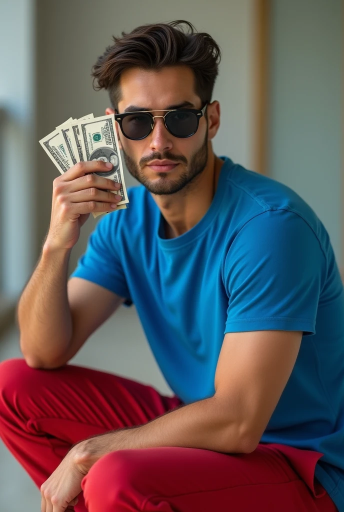 there is a man with sunglasses on posing for a picture, around 1 , 2 , 2 , 1, 2, taken in the early 2020s, 2 , 2 , 2 , 2 , cool face, wearing versace sunglasses, holding money in hand, blue tshirt, red long pants