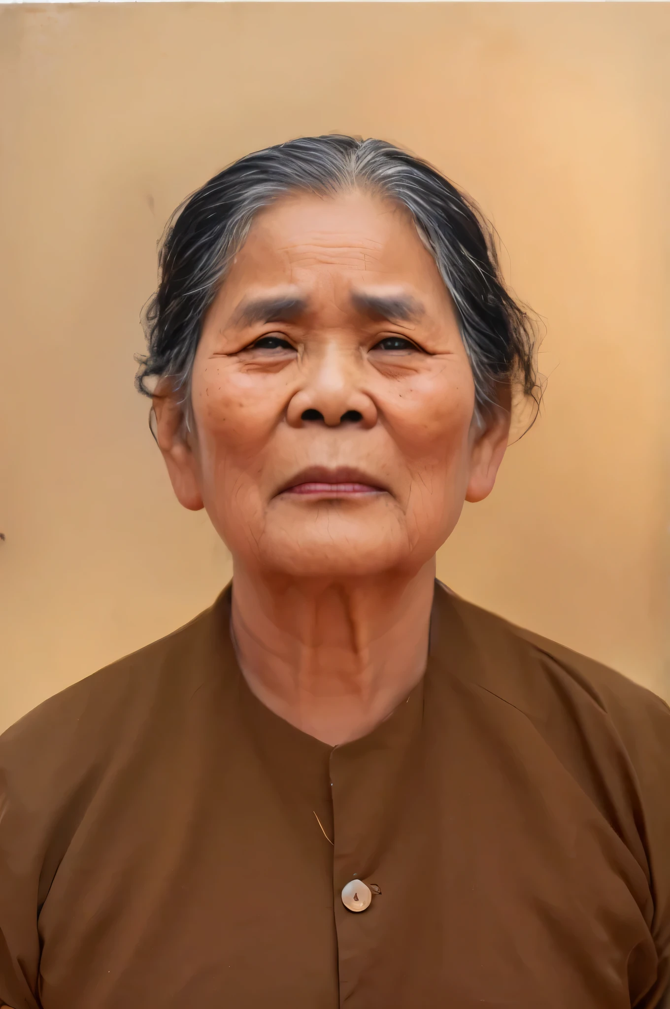 there is a woman with a brown shirt and a brown shirt, inspired by Ruth Jên, old woman, old lady, south east asian with round face, vietnamese woman, portrait 6 0 - year - old woman, portrait of a old woman, in style of lam manh, dao trong le, nivanh chanthara, an old lady