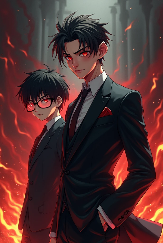 Devil boy in a suit and bad ass looking Anime boy with gasses background Devil