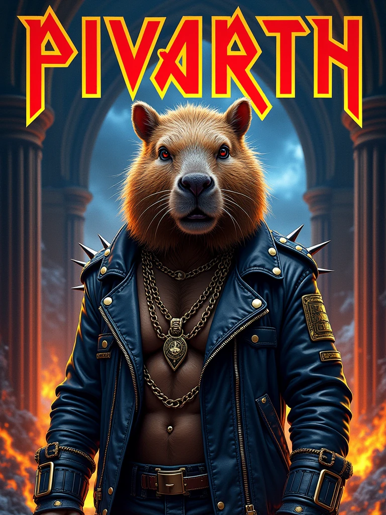 “Design a vinyl album cover in the iconic Iron Maiden style, featuring the word ‘PIVARTS’ in the same bold, gothic font traditionally used by Iron Maiden. The centerpiece of the design should be a capybara dressed in heavy metal attire, complete with leather jackets, spikes, and chains. The capybara should have a fierce, rebellious expression, embodying the spirit of heavy metal. The background should be dark and intense, with elements like flames, lightning, or gothic architecture to enhance the dramatic atmosphere. The overall design should stay true to the aesthetic of Iron Maiden album covers, with intricate details, vibrant colors, and a sense of energy and power that captures the essence of the heavy metal genre.”