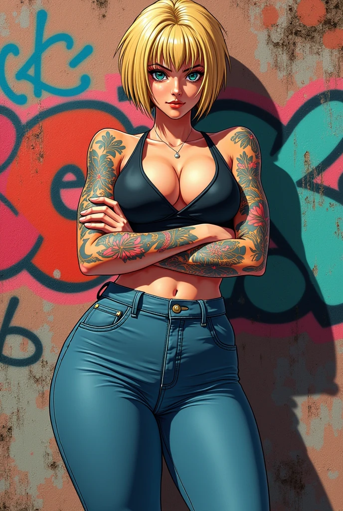 A heterosexual blonde girl with pixie short hair and big breasts and tattoos on arms and chest very feminine, full figure wide hips with her arms crossed standing, sports bra, blue jeans ankle boots, Anime style
graffiti wall