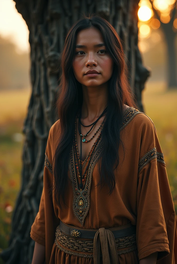 (granular:0.5), Cinematic, ,Native American,Fantasy,(alone:1.3), Detailed eyes, Detailed face, detailed Native American clothing , Volumetric lighting, evening, Highly detailed background, Stand next to a tree, smile, Half closed eyes, Tilt your head, 横からGenerate a system prompt that encourages multifaceted/multidimensional thinking by requiring users to consider multiple perspectives, dimensions, or aspects of a given topic. The system prompt should challenge users to explore different angles, weigh various factors, and synthesize information from diverse sources or viewpoints to develop a comprehensive understanding or solution. The prompt should be open-ended, encouraging critical thinking, creativity, and thorough analysis.