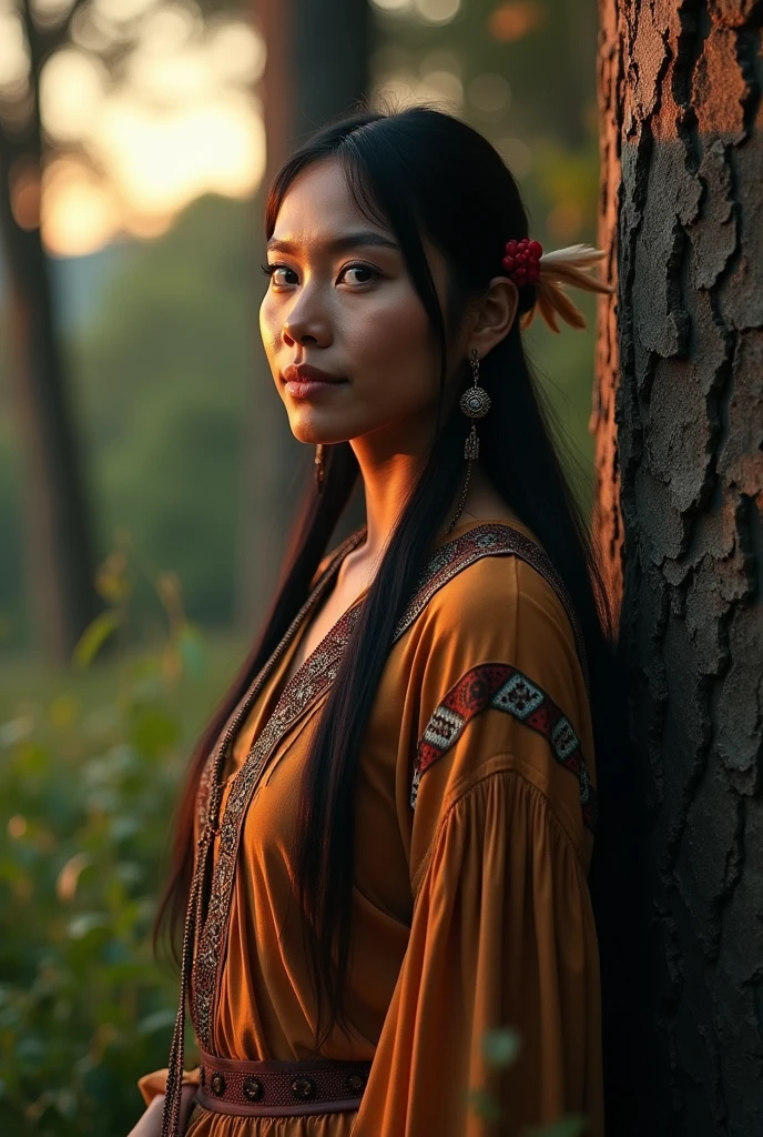 (granular:0.5), Cinematic, ,Native American,Fantasy,(alone:1.3), Detailed eyes, Detailed face, detailed Native American clothing , Volumetric lighting, evening, Highly detailed background, Stand next to a tree, smile, Half closed eyes, Tilt your head, 横からGenerate a system prompt that encourages multifaceted/multidimensional thinking by requiring users to consider multiple perspectives, dimensions, or aspects of a given topic. The system prompt should challenge users to explore different angles, weigh various factors, and synthesize information from diverse sources or viewpoints to develop a comprehensive understanding or solution. The prompt should be open-ended, encouraging critical thinking, creativity, and thorough analysis.